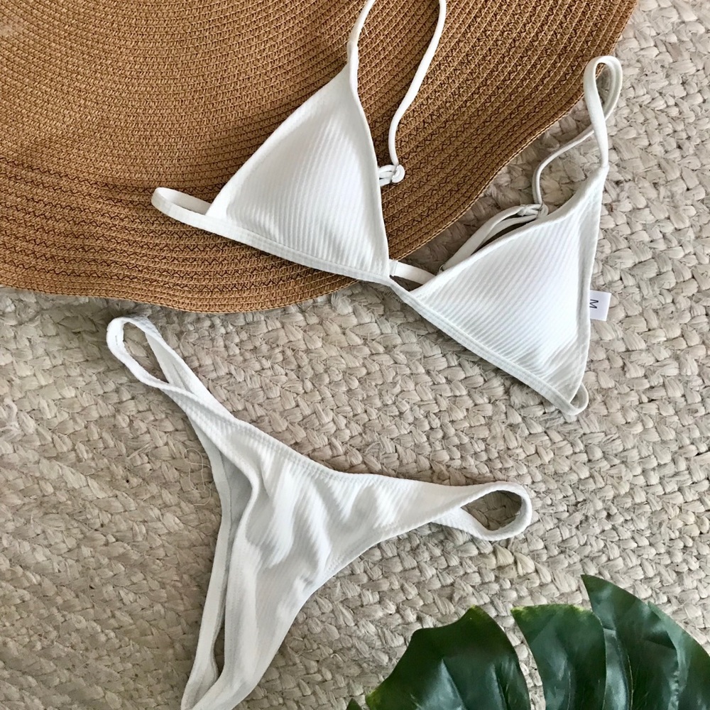 White ribbed bikini bra swimsuit thong